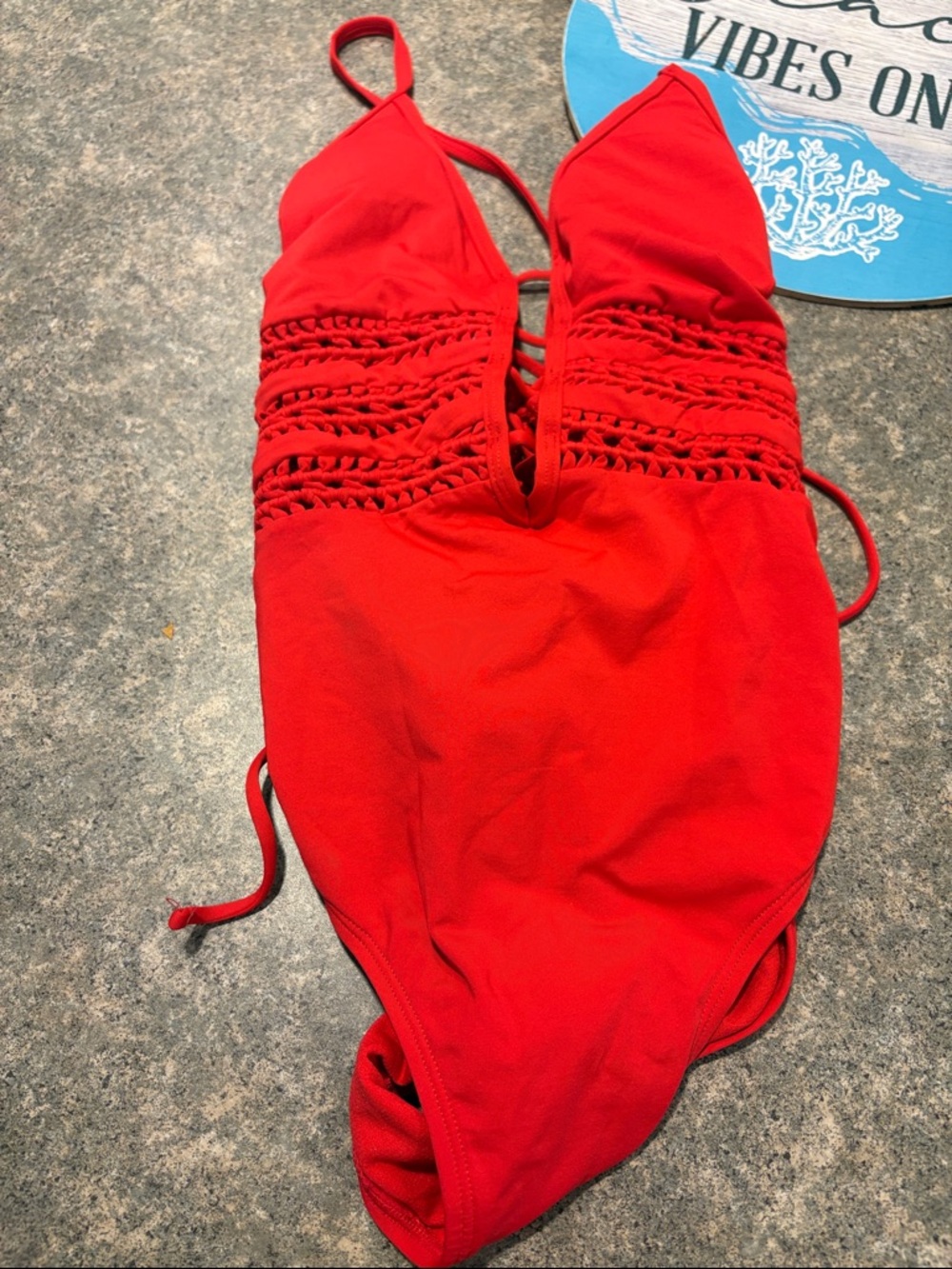 Ambrielle Red One-Piece Swimsuit with Crochet Waist and Plunge V